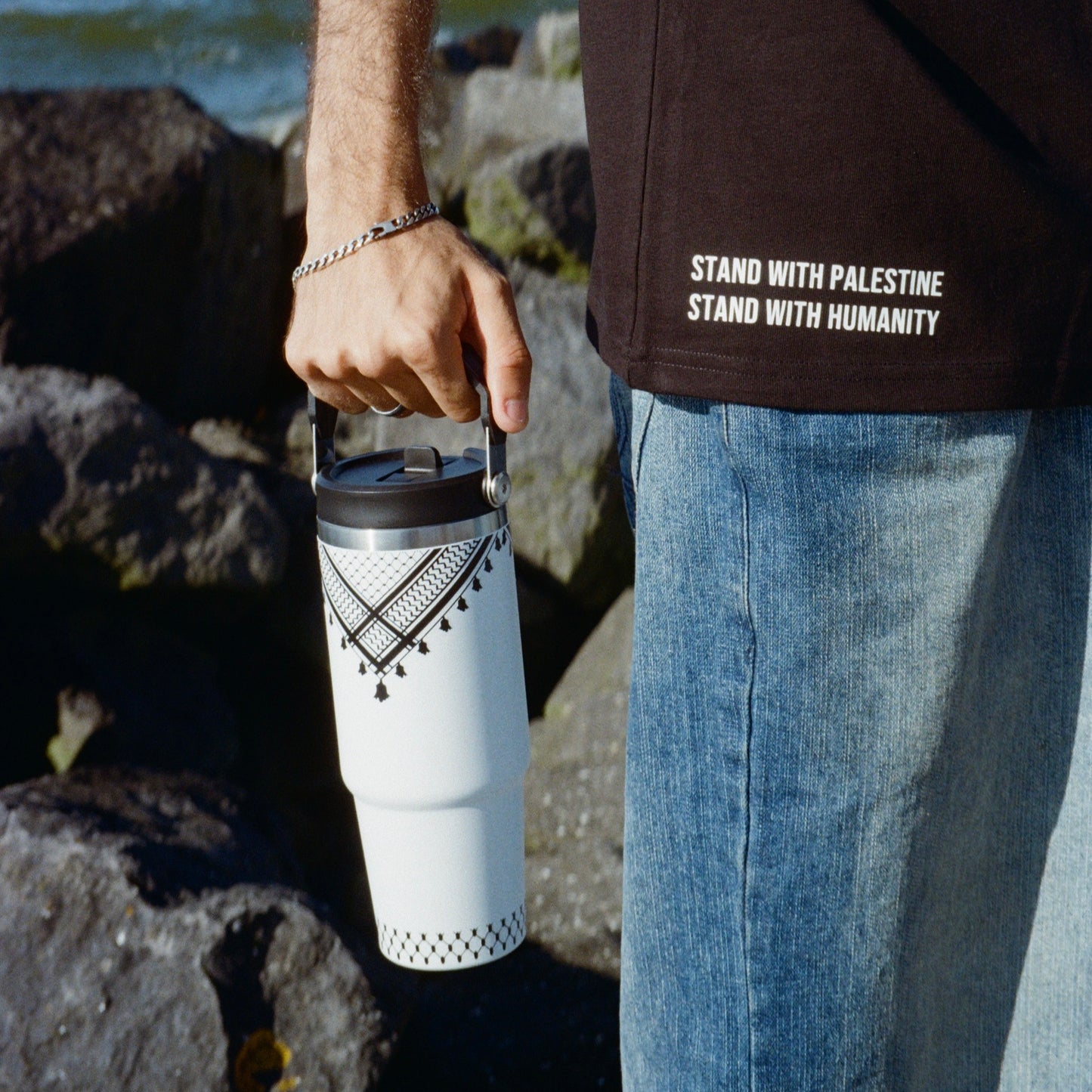 Unisex T-Shirt with Embroidered Detail | Stand with Palestine – Stand with Humanity